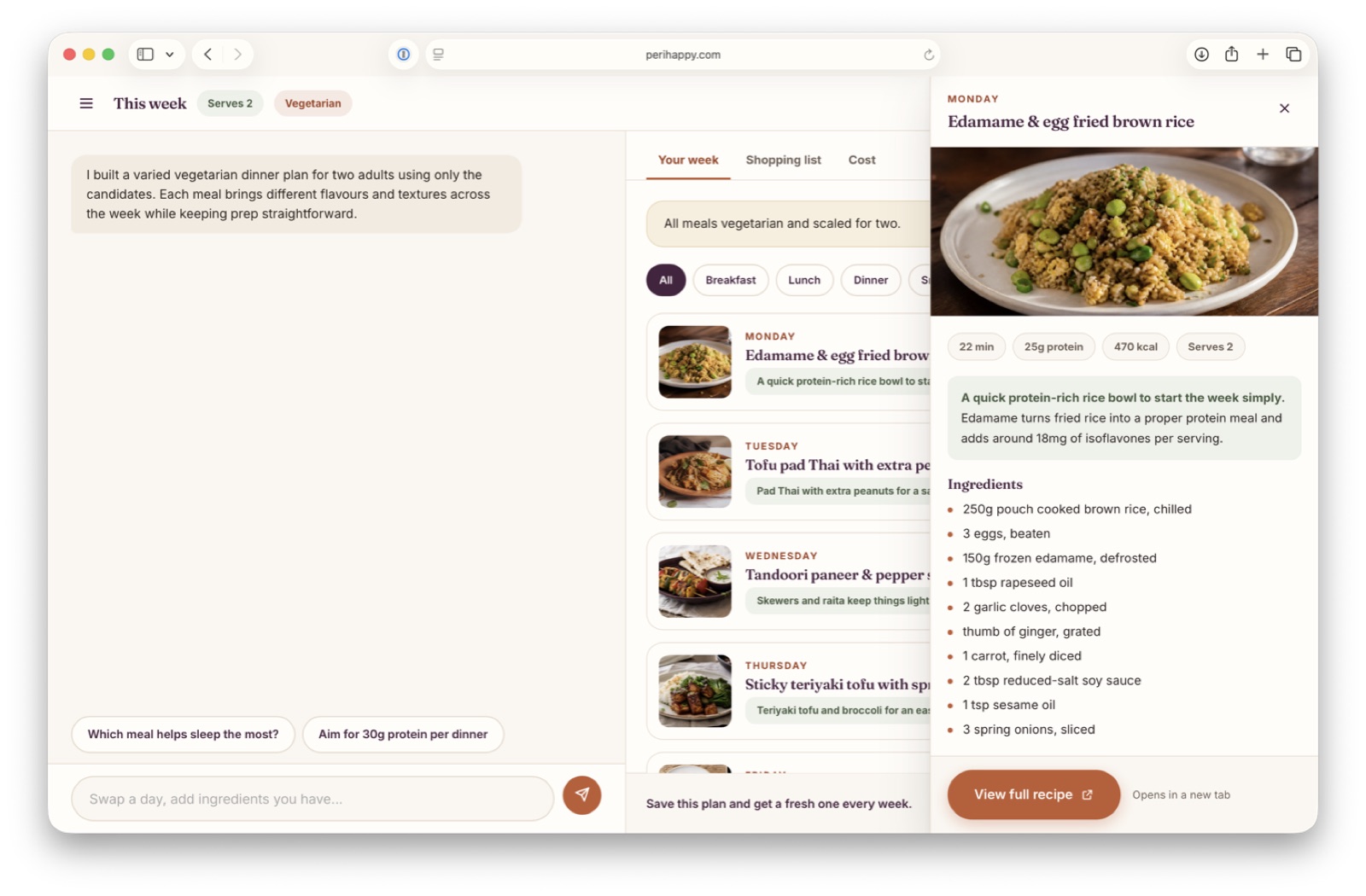 The Peri Planner: a vegetarian week for two, with the plan, shopping list and a recipe open