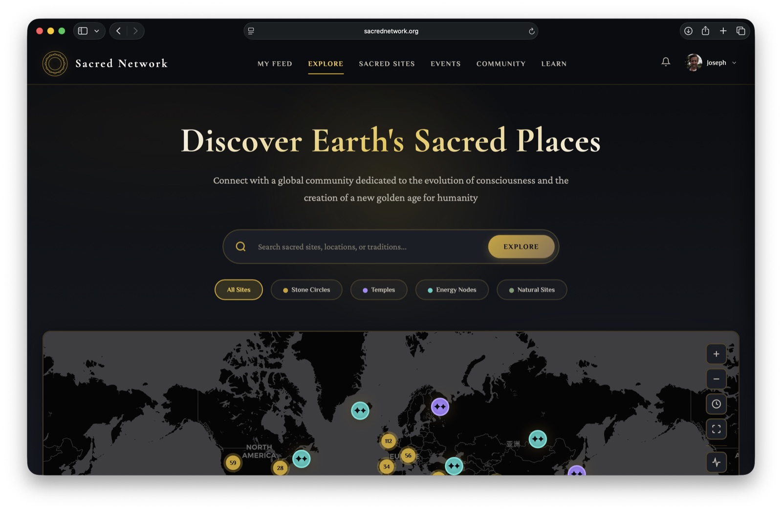 sacrednetwork.org: Discover Earth's Sacred Places, with the world map of sites