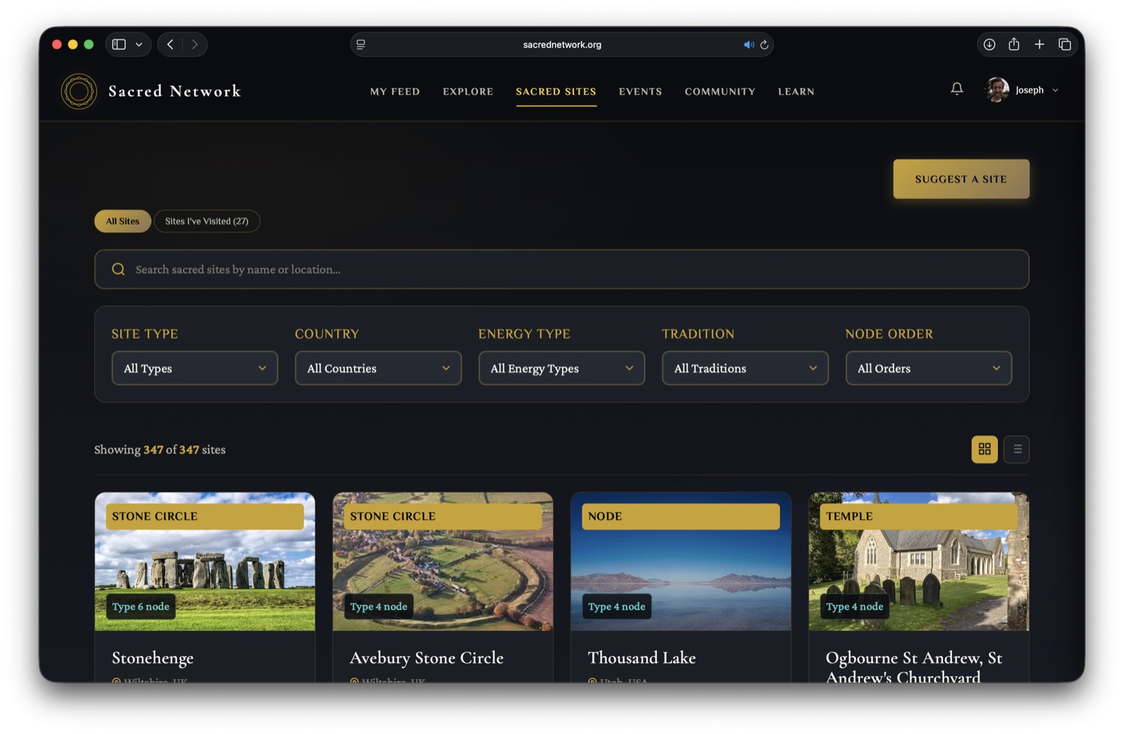 Sacred sites index showing 347 sites with filters by type, country, tradition and node order